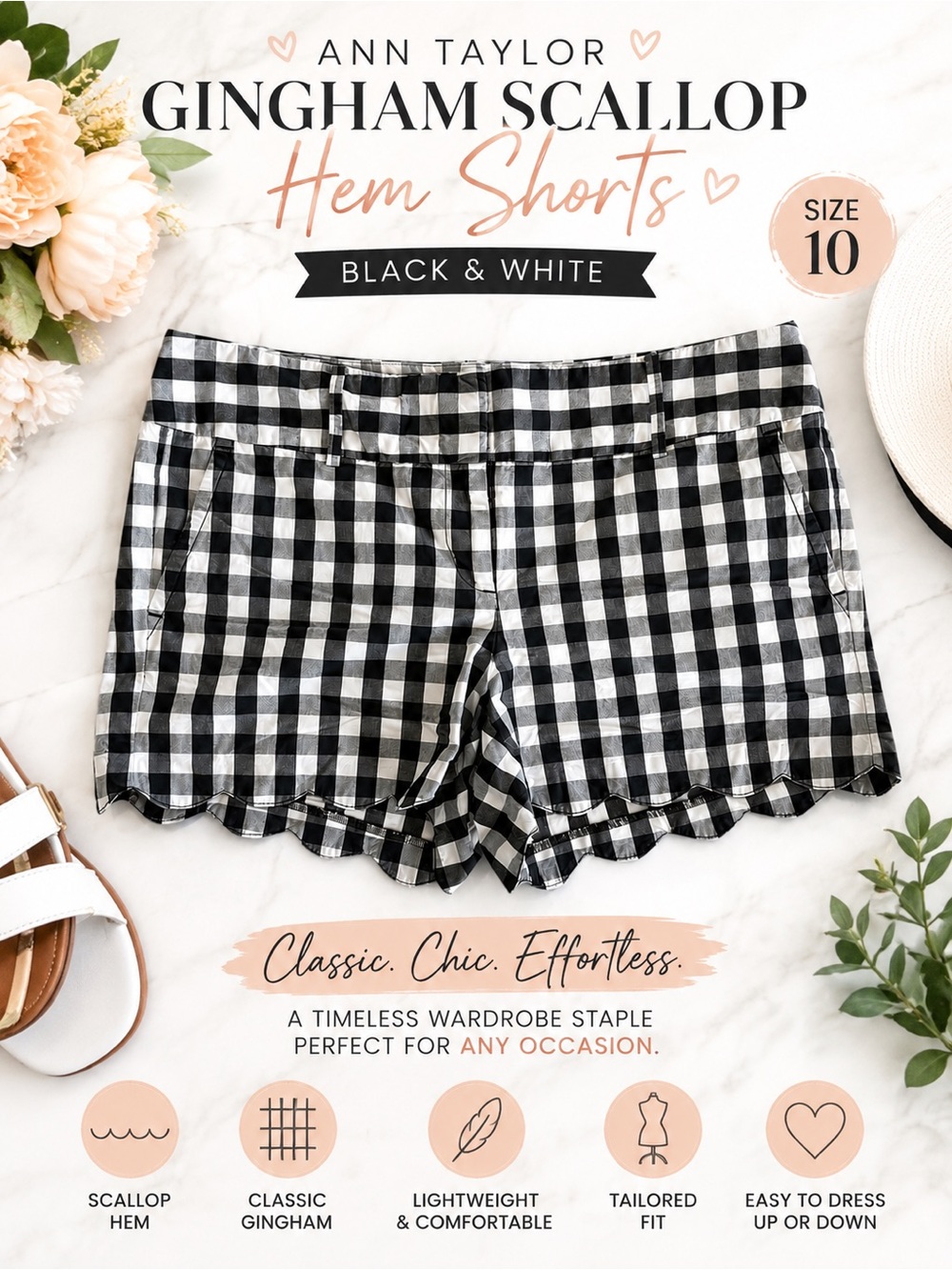 Ann Taylor Black and White Gingham Scallop Hem Shorts Size 10